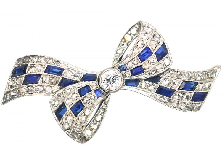 Art Deco 14ct Gold & Platinum, Sapphire & Diamond Bow Brooch by Pistol & Pulker