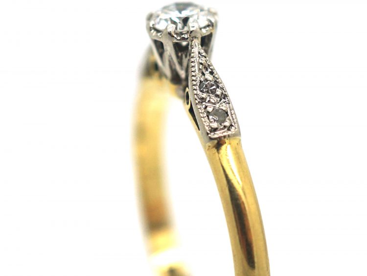 Art Deco 18ct Gold & Platinum, Diamond Solitaire Ring with Diamond Set Shoulders