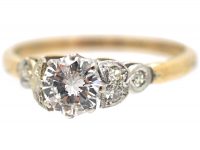 Art Deco 18ct Gold & Platinum, Diamond Solitaire Ring with Diamond Set Leaf Shoulders