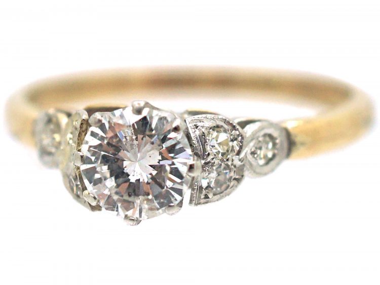 Art Deco 18ct Gold & Platinum, Diamond Solitaire Ring with Diamond Set Leaf Shoulders