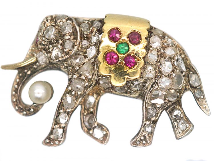 Edwardian Elephant Brooch set with Diamonds, Rubies, an Emerald & a Natural Pearl