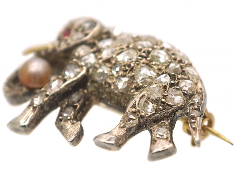 Edwardian Elephant Brooch set with Diamonds, Ruby & a Natural Pearl