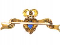 Edwardian 15ct Gold Ribbon & Heart Brooch with Crown set with a Sapphire, Diamonds & Split Pearls Brooch