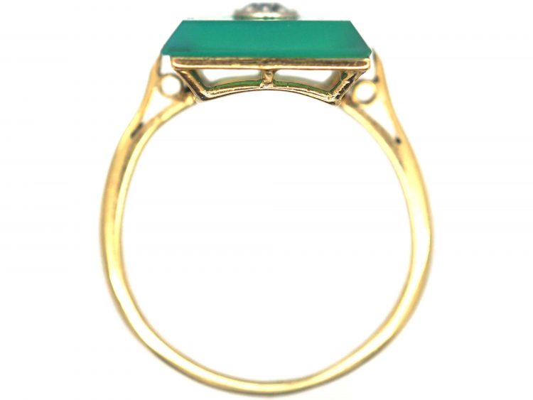 Art Deco Green Chalcedony & Diamond Rectangular Ring