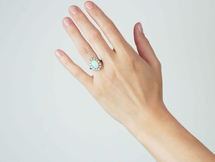 Edwardian Platinum, Opal & Diamond Oval Cluster Ring
