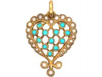 Edwardian 18ct Gold, Turquoise & Natural Split Pearl Heart Shaped Forget Me Not Pendant