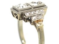 Art Deco Platinum, Two Stone Diamond Ring with Step Cut Shoulders set with Diamonds