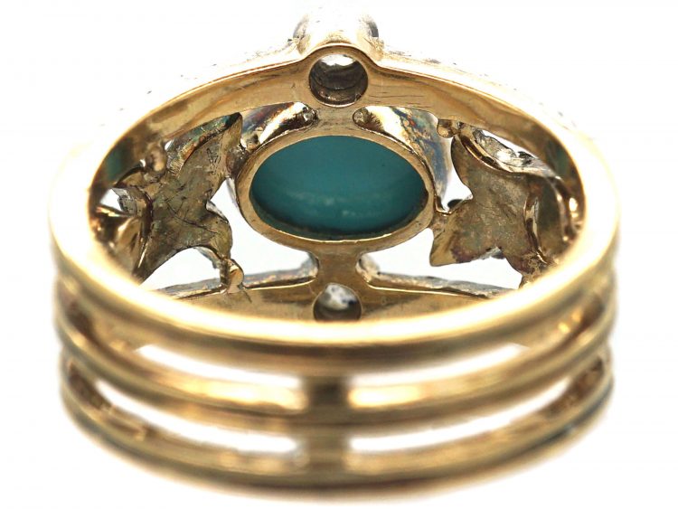 Edwardian 18ct Gold Turquoise & Diamond Ring with Rose Diamond Leaf Detail