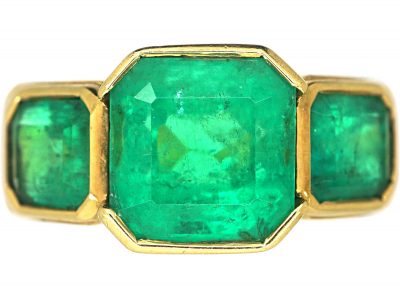 French 18ct Gold Large Three Stone Colombian Emerald Ring
