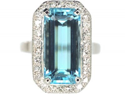 Retro 18ct White Gold, Aquamarine & Diamond Rectangular Shaped Ring