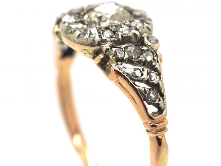 Georgian 18ct Gold & Silver, Diamond Cluster Ring with rose Diamond set Shoulders