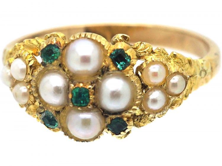 Regency 15ct Gold Natural Split Pearl & Emerald Cluster Ring with Natural Split Pearl Set Shoulders