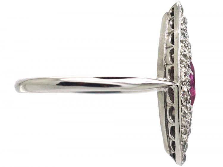 Edwardian 18ct White Gold & Platinum, Diamond & Pink Sapphire Marquise Shaped Ring