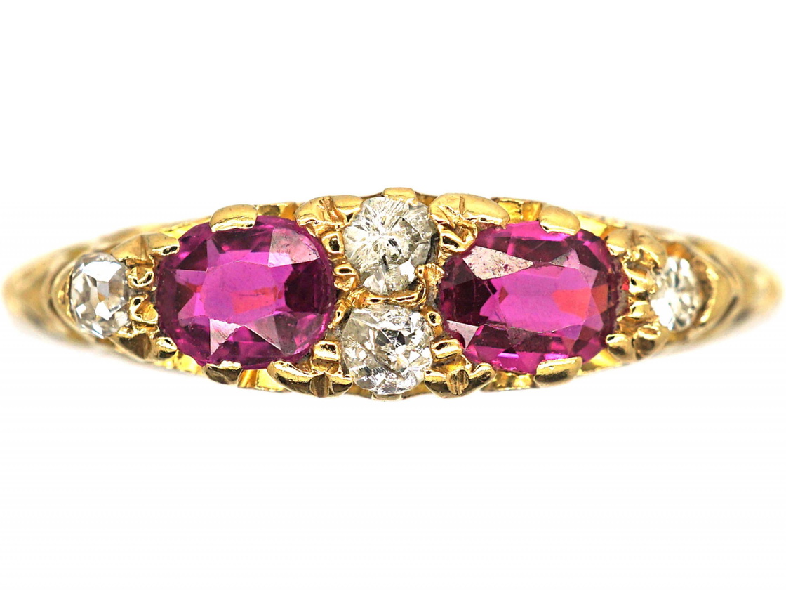 Edwardian 18ct Gold, Ruby & Diamond Narrow Boat Shaped Carved Half Hoop ...