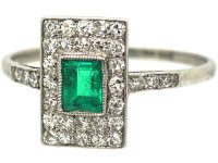 Art Deco Platinum, Emerald & Diamond Rectangular Ring with Diamond set Shoulders