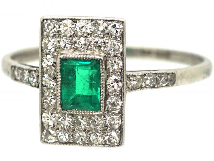 Art Deco Platinum, Emerald & Diamond Rectangular Ring with Diamond set Shoulders