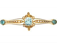 Edwardian 15ct Gold, Aquamarine & Natural Split Pearl Brooch
