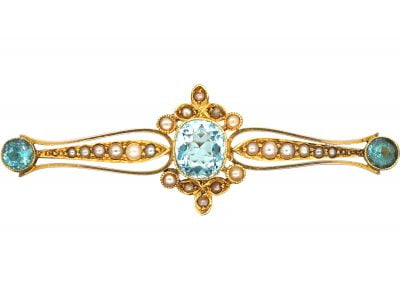 Edwardian 15ct Gold, Aquamarine & Natural Split Pearl Brooch