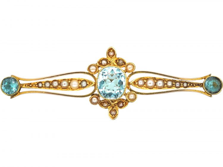 Edwardian 15ct Gold, Aquamarine & Natural Split Pearl Brooch