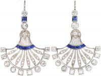 French Art Deco Platinum Fan Shaped Earrings set with Sapphires & Diamonds