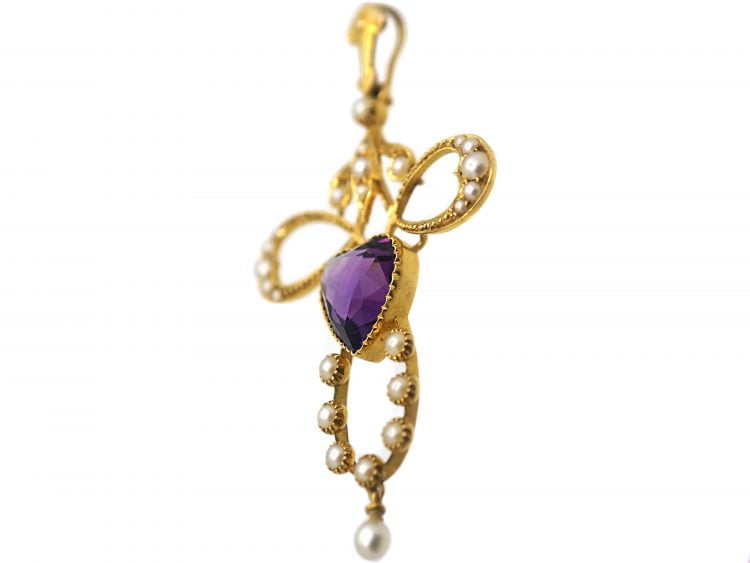 Edwardian 15ct Gold Pendant set with a Heart Shaped Amethyst & Natural Split Pearls in Original Case