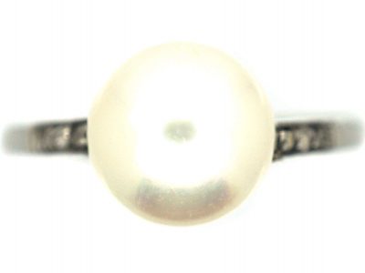Art Deco Platinum, Cultured Pearl Ring with Rose Diamond Shoulders