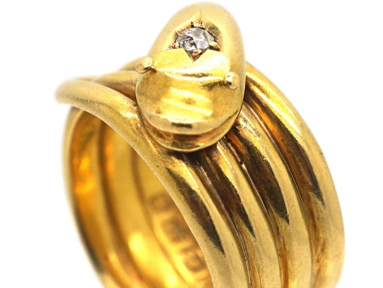 Victorian 18ct Gold Snake Ring with a Diamond in his Head