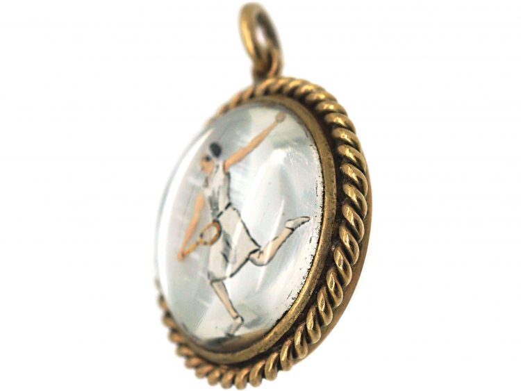 Art Deco 18ct Gold, Reverse Intaglio Rock Crystal Pendant of a Champion Tennis Player Susan Lenglan