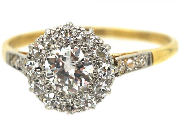 Edwardian 18ct Gold & Platinum Diamond Cluster Ring with Diamond Set Shoulders