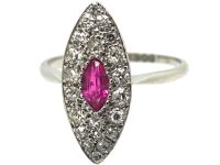 Edwardian 18ct White Gold & Platinum, Diamond & Pink Sapphire Marquise Shaped Ring
