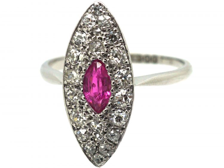 Edwardian 18ct White Gold & Platinum, Diamond & Pink Sapphire Marquise Shaped Ring
