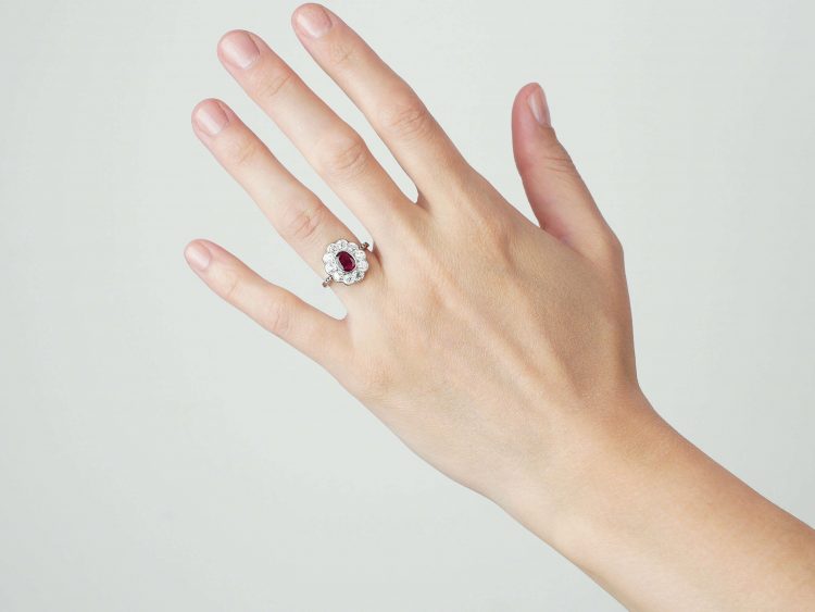 Art Deco 18ct White Gold, Burma Ruby & Diamond Oval Cluster Ring