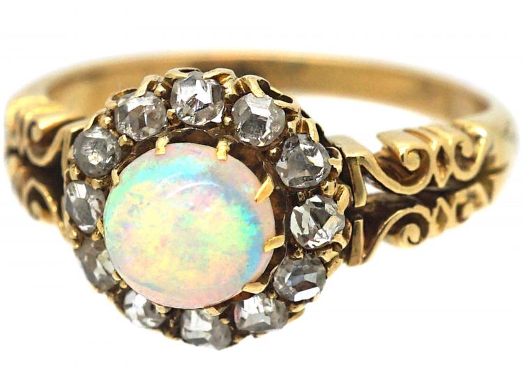 Edwardian 18ct Gold, Opal & Rose Diamond Cluster Ring