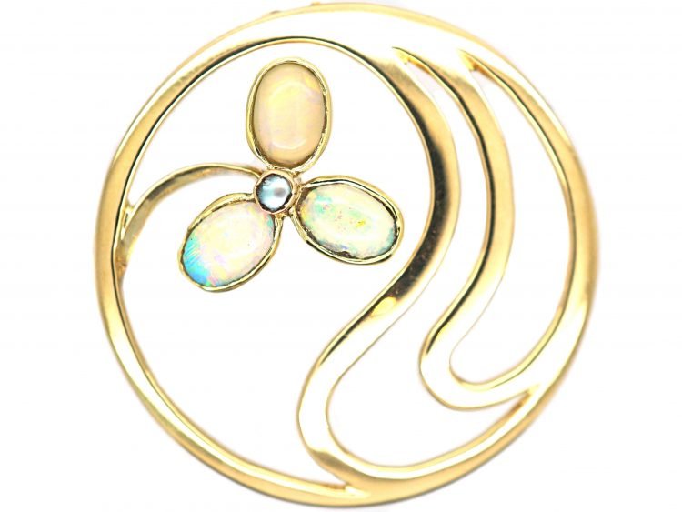 Art Nouveau 15ct Gold & Opal Flower Brooch by Murrle Bennett & Co