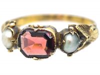 Georgian Scottish 9ct Gold, Flat Cut Garnet & Natural Split Pearl Ring with Thistle Motif Shoulders