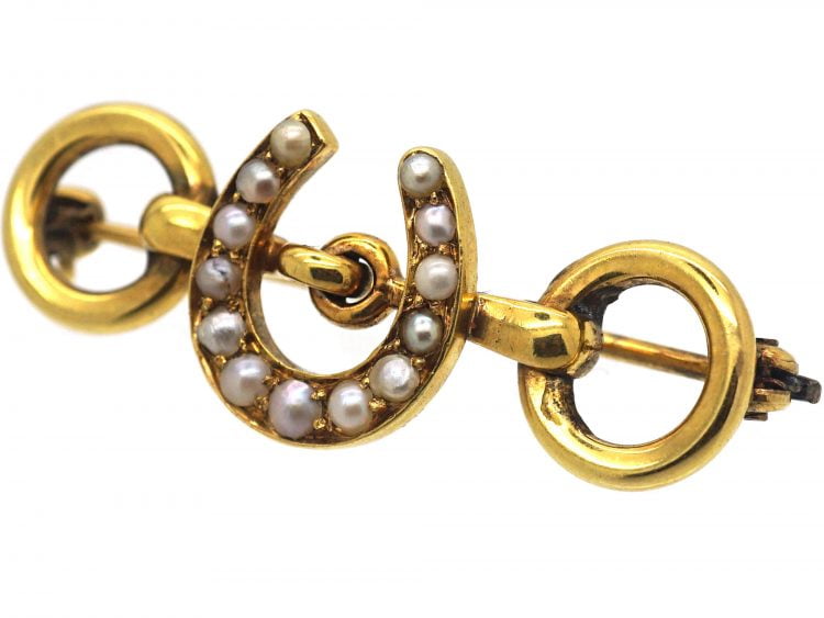 Victorian 18ct Gold Horseshoe and Bit Brooch set with Natural Split Pearls