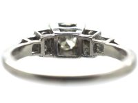 Art Deco Platinum, Diamond Solitaire Ring with Step Cut Shoulders set with Diamonds