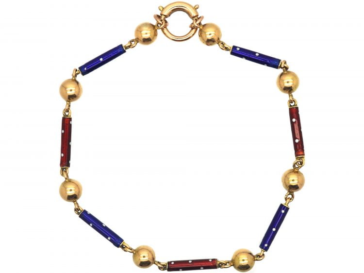 Victorian 15ct Gold, Blue, White & Red Jubilee Enamel Baton Bracelet