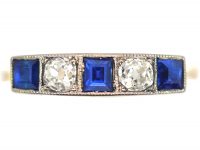 Art Deco 18ct Gold & Platinum, Square Cut Sapphire & Diamond Ring