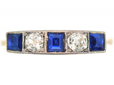 Art Deco 18ct Gold & Platinum, Square Cut Sapphire & Diamond Ring