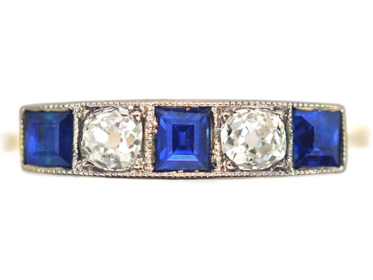 Art Deco 18ct Gold & Platinum, Square Cut Sapphire & Diamond Ring