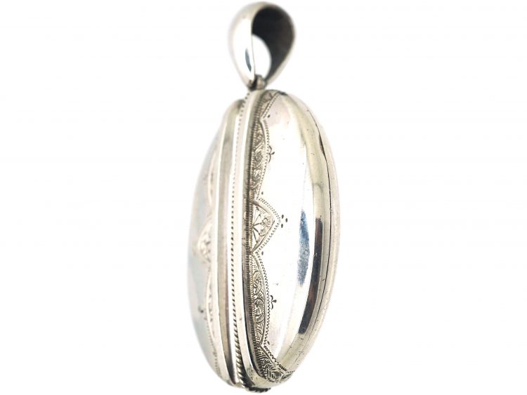 Victorian Silver Oval Shaped Locket with Double Banded & Engraved Detail