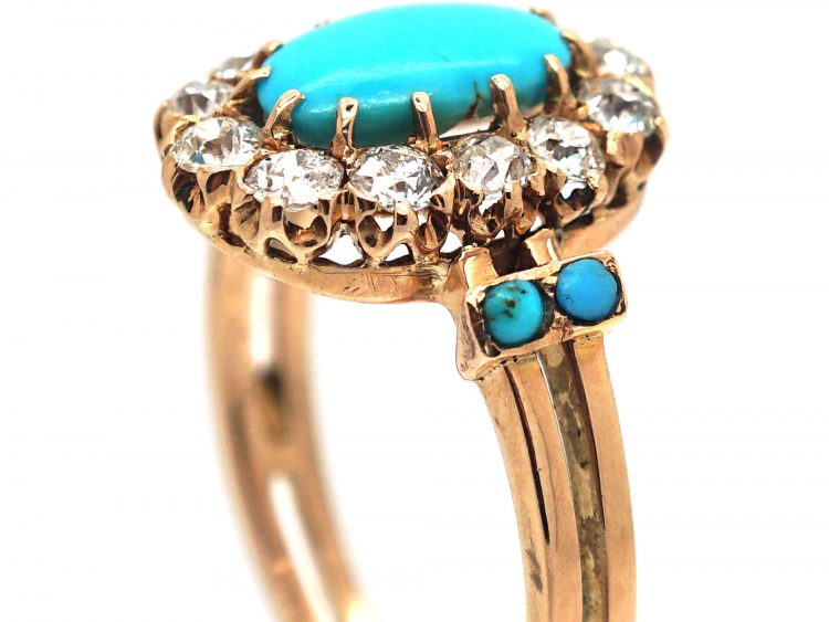 Edwardian 15ct Gold, Turquoise & Diamond Oval Cluster Ring with Turquoise Set Shoulders