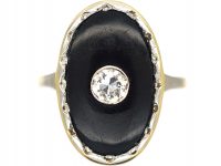 Art Deco 18ct Gold, Onyx & Diamond Oval Shaped Ring