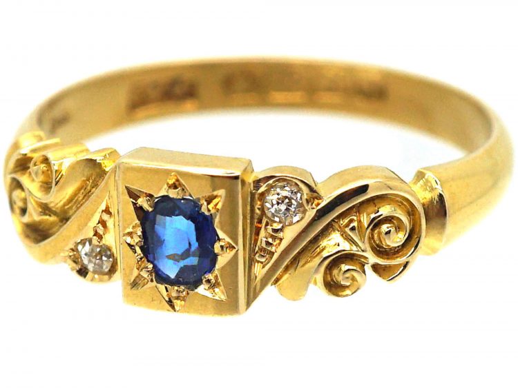 Edwardian 18ct Gold, Sapphire & Diamond Gypsy Scroll Design Ring