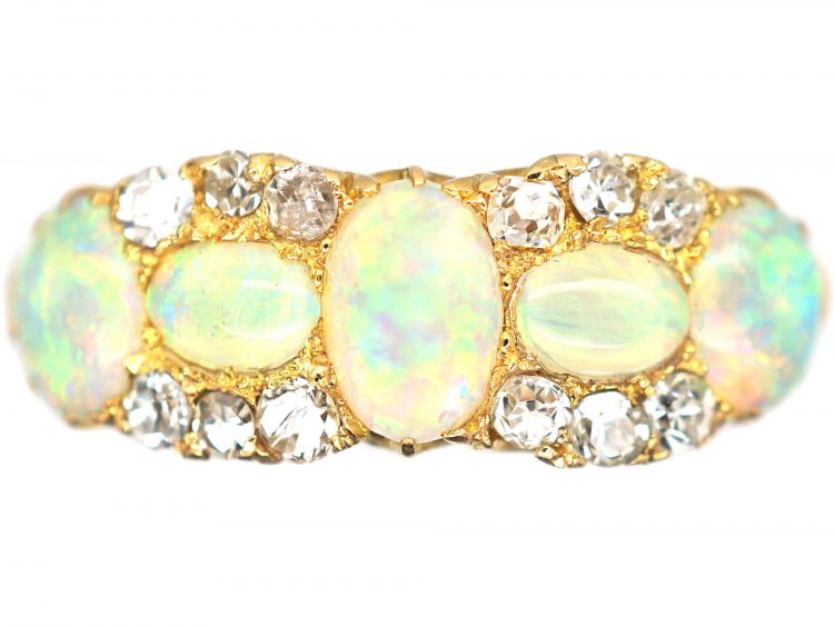 Edwardian 18ct Gold, Five Stone Opal & Diamond Ring