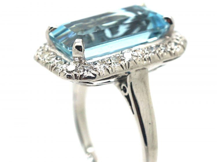 Retro 18ct White Gold, Aquamarine & Diamond Rectangular Shaped Ring