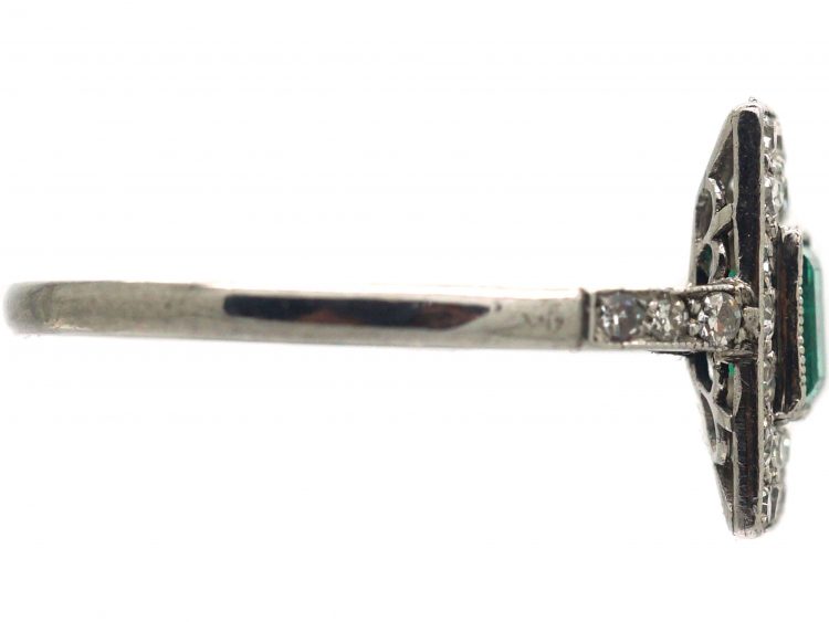 Art Deco Platinum, Emerald & Diamond Rectangular Ring with Diamond set Shoulders