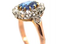 French Belle Epoque 18ct Gold, Platinum, Ceylon Sapphire & Diamond Cluster Ring with Diamond Set Shoulders