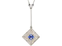 Art Deco 18ct Gold & Platinum, Sapphire & Diamond Pendant on Chain